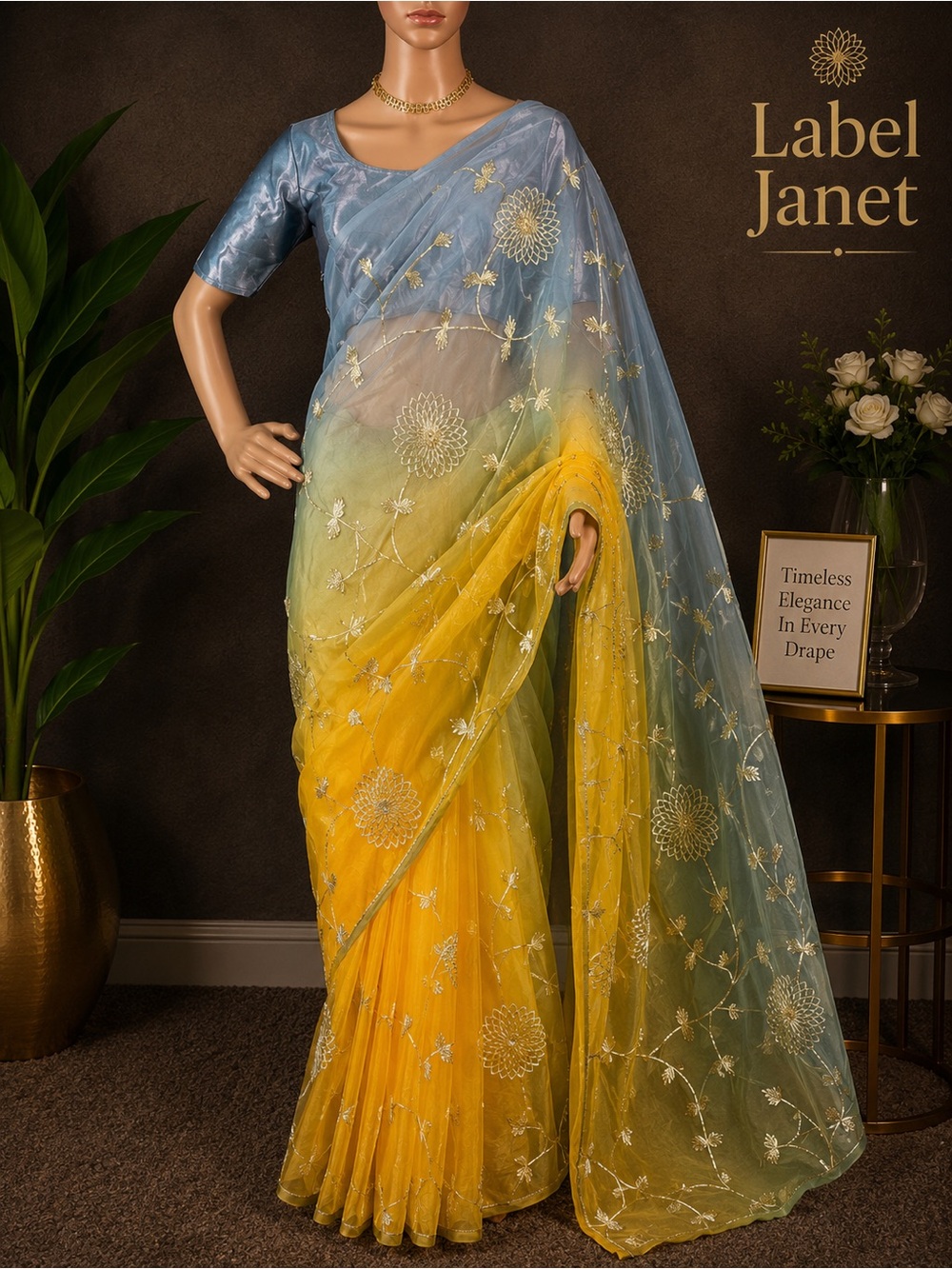 Embroidered Ombre Organza Sari in Blue and Yellow(Brand New)
